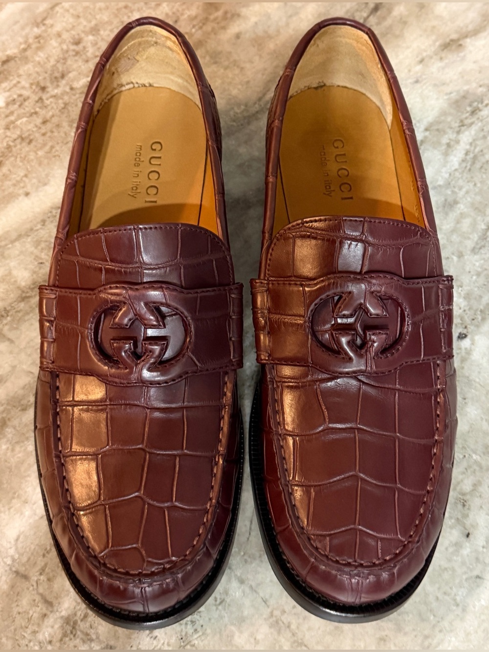 GUCCI GG Alligator Napa Lux Ruby Bordeaux Loafers Burgundy 10/ 10.5 US Crocodile